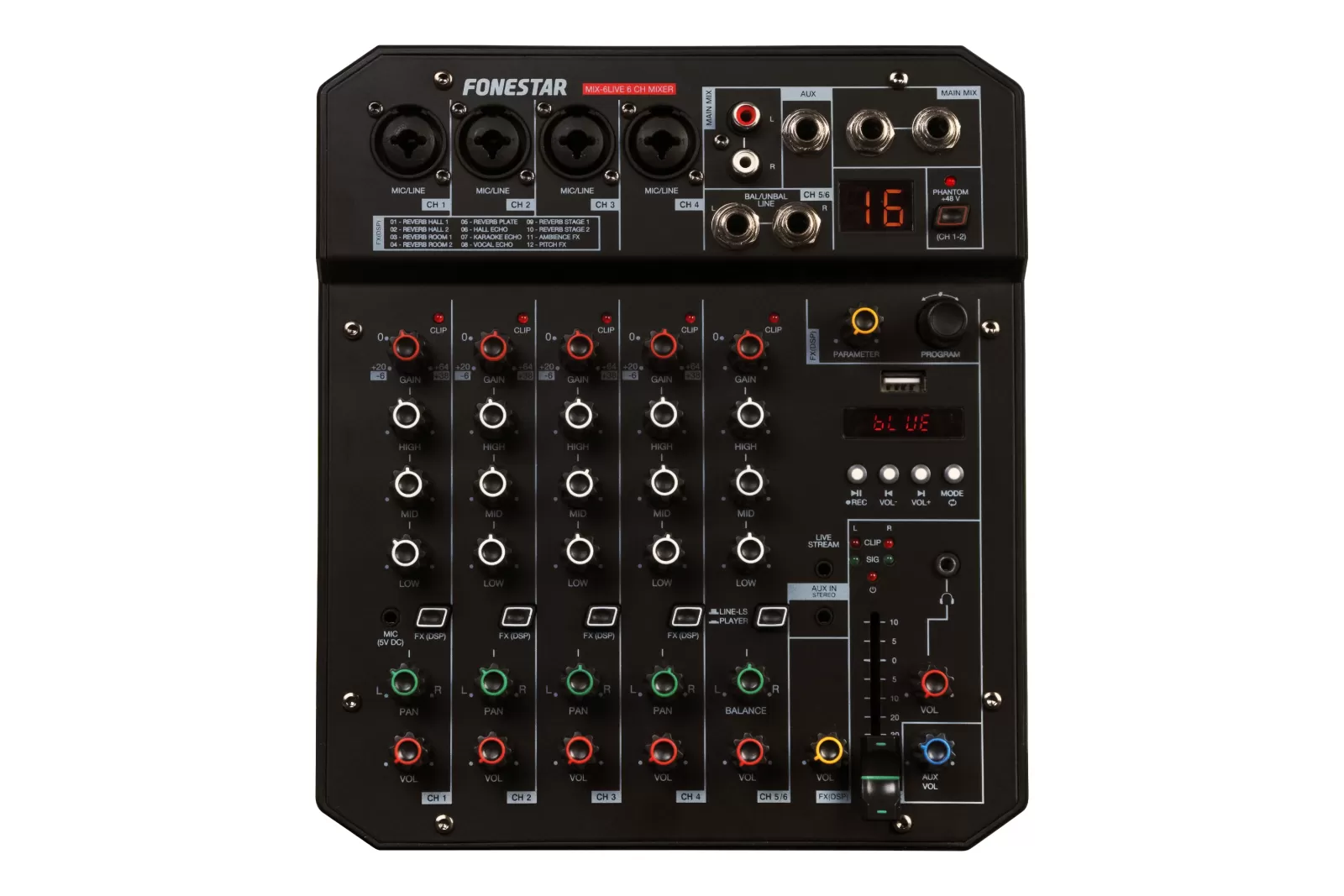 Mặt trên bàn trộn mixer Fonestar MIX-6LIVE